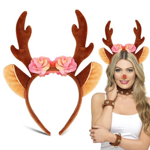 Rentiergeweih Stirnband,Rentier Haarreif mit Ohren & Geweih & Blüten,Blumen Hirschgeweih Rentier Kopfbedeckung für Damen Karneval Halloween Fasching Weihnachten Kostüm Party von Bluelves