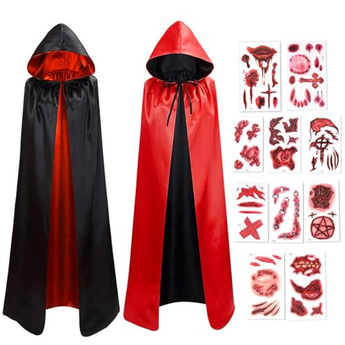 Vampir Umhang, Vampir Kostüm Erwachsene Unisex, Kapuzenumhang Doppelseitig Schwarz Rot mit Halloween Tattoos, Vampirumhang Halloween Umhang für Damen Herren Cosplay Party Halloween Karneval, 150cm von Bluelves