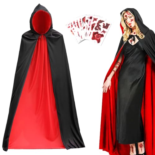 Vampir Umhang, Vampir Kostüm Erwachsene Unisex, Kapuzenumhang Doppelseitig Schwarz Rot mit Halloween Tattoos, Vampirumhang Halloween Umhang für Damen Herren Cosplay Party Halloween Karneval, 170cm Vampir Umhang, Vampir Kostüm Erwachsene Unisex, Kapuzenumhang Doppelseitig Schwarz Rot mit Halloween Tattoos, Vampirumhang Halloween Umhang für Damen Herren Cosplay Party Halloween Karneval, 170cm von Bluelves