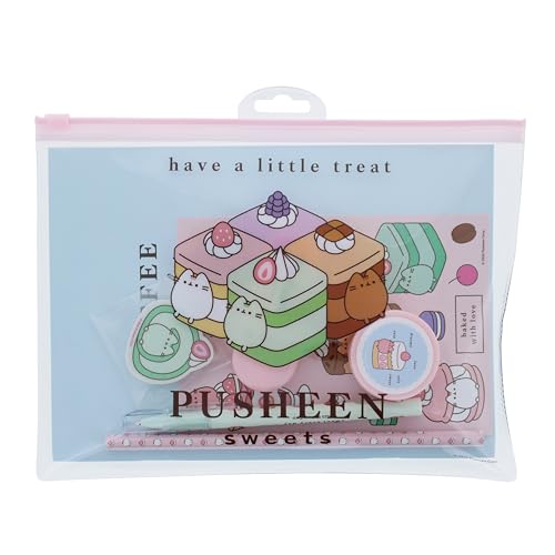 Blueprint Collections Pusheen Sweets Schreibwaren-Set A5 Schulheft mit Stift, Bleistift, Textmarker, Radiergummi, Spitzer und Aufklebern, in Zip-Lock-Brieftasche von Blueprint Collections