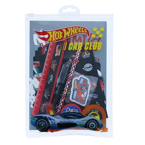 Hot Wheels Super Schreibwaren-Set | Schulbedarf für Jungen | A5-Schulheft, Hot-Wheels-Lineal, Stift, Bleistift, Radiergummi, Spitzer & Aufkleber | Schulanfang Schreibwaren von Blueprint Collections