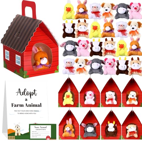 Blueweenly 73-teiliges Tier-Bauernhaus-Set, 24 Mini-Plüsch-Bauernhofspielzeuge, 24 rote Kartonhäuser, 24 Adoptionskarten, 1 Beschilderung, Tier-Geschenkspielzeug mit Geschenktüten für von Blueweenly
