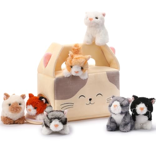 Blueweenly 8-teiliges Katzen-Stofftier-Set, Plüschhaus mit 7 weichen Stofftieren, Plüsch-Spielzeug für Kinder, Weihnachten, Geburtstag, Halloween, Haustiergeschenk, Partygeschenke, Goodie-Bags von Blueweenly