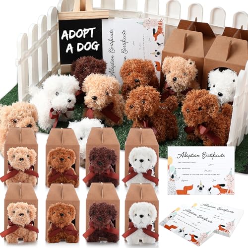 Blueweenly 84 Stück Partygeschenke für Haustiere, 24 Mini-Plüschtiere, 10 weiße Kunststoffzaun, 24 Papier-Geschenkboxen, 24 Adoptionskarten mit Mini-Kreidetafel und Kunstrasen für Geburtstag (Welpe) von Blueweenly