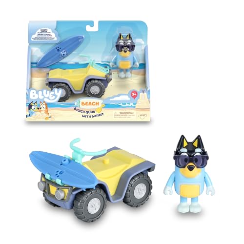 Bluey - Fahrzeug Beach Quad mit Figur, Blue Dog Quad, Spielzeugquad, mit lustiger Sonnenbrille, Quad mit Surfbrett, Berühmt (BLY62100) von Bluey