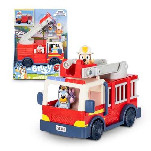 Bluey Feuerwehrauto, blaues Hundfahrzeug, inkl. beweglicher Bingo-Figur, bewegliche Puppen mit Schlauchzubehör, Leiter, LKW, Berühmte (BLY68000) von BlueY