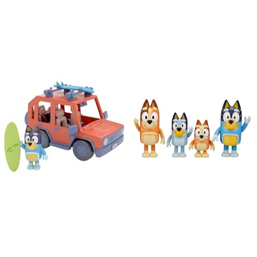 Bluey: Heeler-Familienwagen inklusive Bandit-Figur & and Family: Bingo, Bandit and Chilli 4 Figure Pack Articulated Character Action Figures 2.5 inches Official Collectable Toy von Bluey