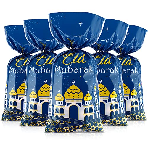 100 Stücke Eid Mubarak Party Treat Taschen, Blau Gold Ramadan Moschee Gedruckte Muster Geschenkbeutel Zellophan Klar Plastik Goodie Favor Taschen mit 100 Silber Twist Krawatten von Blulu