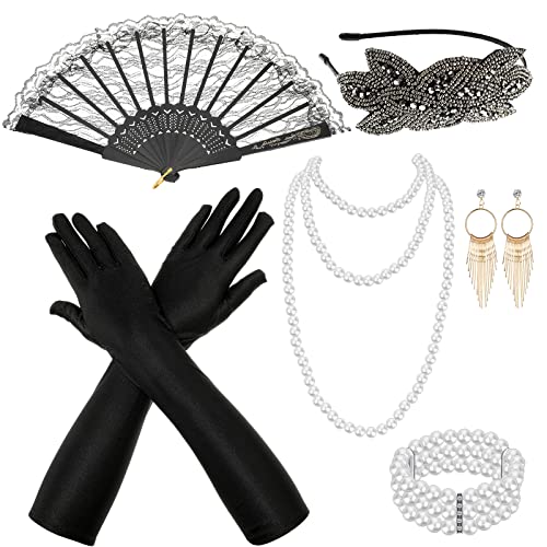 1920er Flapper Kostüm Zubehör inklusive Perlen Blatt Flapper Stirnband, Handschuhe, Ohrringe, Perle Halskette, Armband, Fächer Flapper Halter Set für Frauen Halloween Kleid (Silber) von Blulu