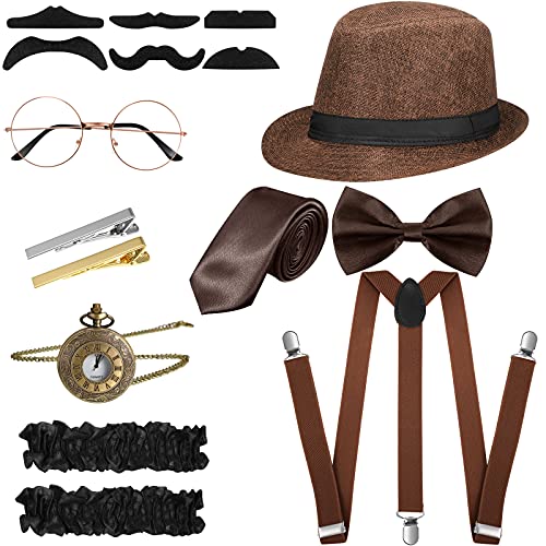 1920er Herren Kostüm Zubehör Set Roaring Retro Gangster Kostüm, Hut, Fliege, Krawatte, Taschenuhr, Hosenträger, Brille, Bart, Ärmelhalter, Krawattenklammern (Einfach Stil, Braun) von Blulu