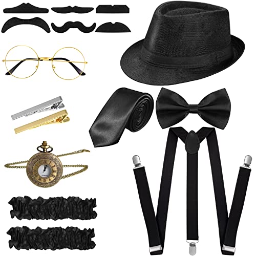 1920er Herren Kostüm Zubehör Set Roaring Retro Gangster Kostüm, Hut, Fliege, Krawatte, Taschenuhr, Hosenträger, Brille, Bart, Ärmelhalter, Krawattenklammern (Einfach Stil, Schwarz) von Blulu