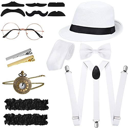 1920er Herren Kostüm Zubehör Set Roaring Retro Gangster Kostüm, Hut, Fliege, Krawatte, Taschenuhr, Hosenträger, Brille, Bart, Ärmelhalter, Krawattenklammern (Einfach Stil, Weiß) von Blulu