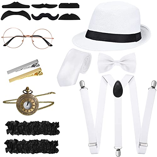 1920er Herren Kostüm Zubehör Set Roaring Retro Gangster Kostüm, Hut, Fliege, Krawatte, Taschenuhr, Hosenträger, Brille, Bart, Ärmelhalter, Krawattenklammern (Einfach Stil, Weiß) von Blulu