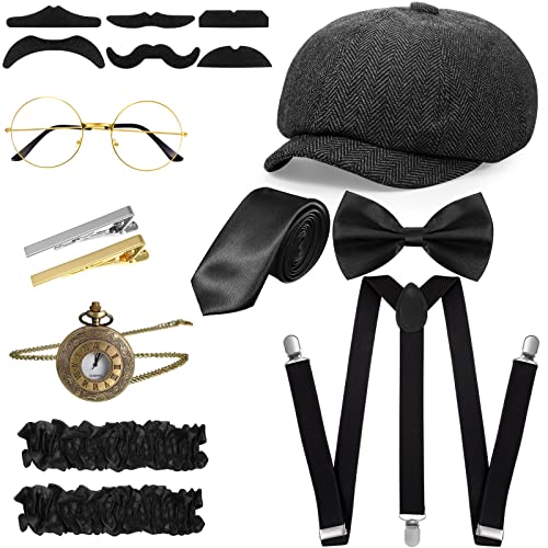 1920er Herren Kostüm Zubehör Set Roaring Retro Gangster Kostüm, Hut, Fliege, Krawatte, Taschenuhr, Hosenträger, Brille, Bart, Ärmelhalter, Krawattenklammern (Niedlich Stil, Grau) von Blulu