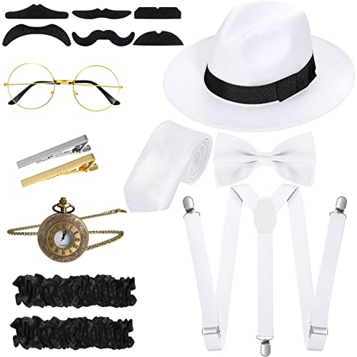 1920er Herren Kostüm Zubehör Set Roaring Retro Gangster Kostüm, Hut, Fliege, Krawatte, Taschenuhr, Hosenträger, Brille, Bart, Ärmelhalter, Krawattenklammern (Zart Stil, Weiß) von Blulu