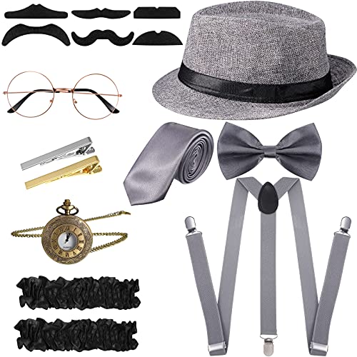 1920er Jahre Roaring Retro Alter Mann Kostüm für Erwachsene Zubehör Set Gangster Hut Krawatte Taschenuhr Hosenträger Brille Bart Krawattenklammer (Grau, Einfacher Stil) von Blulu