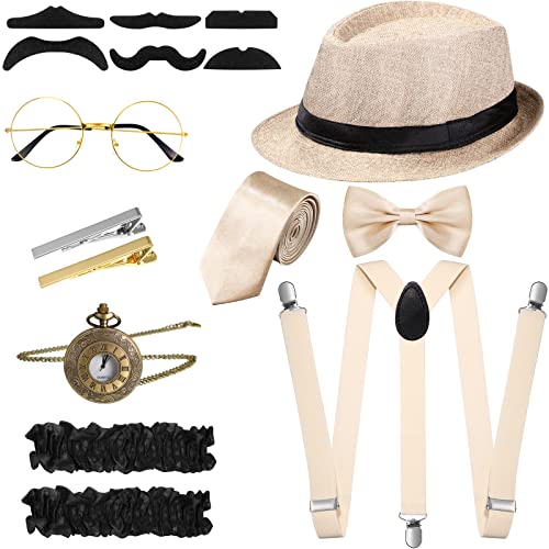 1920er Herren Kostüm Zubehör Set Roaring Retro Gangster Kostüm, Hut, Fliege, Krawatte, Taschenuhr, Hosenträger, Brille, Bart, Ärmelhalter, Krawattenklammern (Einfach Stil, Altweiß) von Blulu