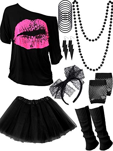 Blulu 80 Jahre Kostüm Zubehör Set, T-Shirt Tutu Stirnband Ohrring Halskette Beinlinge(L,Schwarz) von Blulu