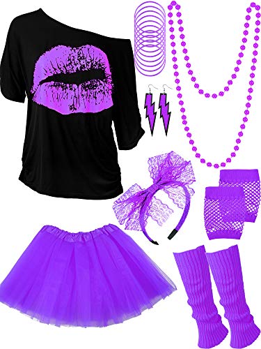 Blulu 80 Jahre Kostüm Zubehör Set, T-Shirt Tutu Stirnband Ohrring Halskette Beinlinge(M,Lila) von Blulu