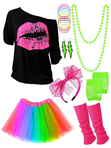 Blulu 80 Jahre Kostüm Zubehör Set, T-Shirt Tutu Stirnband Ohrring Halskette Beinlinge(M,Regenbogen) von Blulu