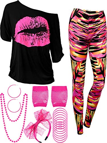 Blulu 80er Jahre Damen Kostüm Set, T Shirt, Legging Hose Ohrring Halskette Handschuhe Armband(Kurz Ärmel Geometrische,L) von Blulu