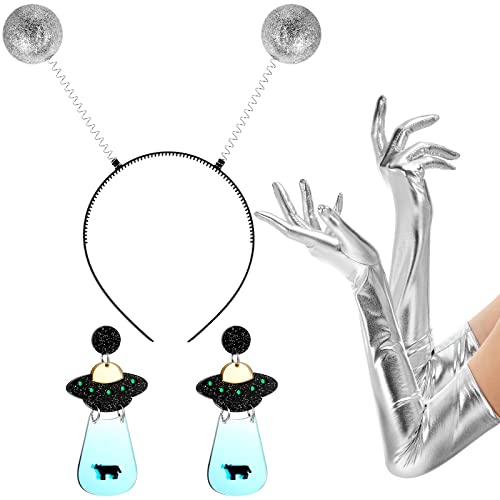 Alien Kostüm Set Glitzer Bopper Stirnband Silber Lange Handschuhe Schwarze Acryl UFO Ohrringe für Damen Verkleidung Erwachsene Kostüm Zubehör von Blulu