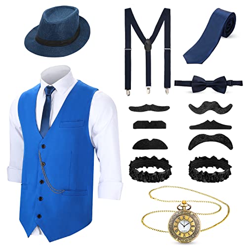 Blulu 1920er Herren Zubehör Gatsby Gangster Kleidung Kostüm Cosplay Outfit mit Weste Fedora Hut Taschenuhr Hosenträger Fliege für Mann Halloween Cosplay (L, Blau) von Blulu