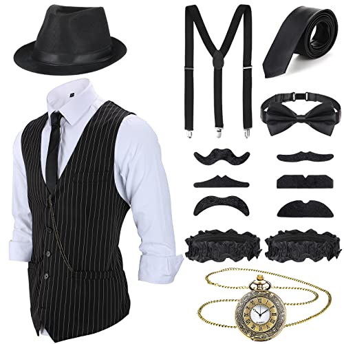 Blulu 1920er Herren Zubehör Gatsby Gangster Kleidung Kostüm Cosplay Outfit mit Weste Fedora Hut Taschenuhr Hosenträger Fliege für Mann Halloween Cosplay von Blulu