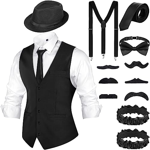 Blulu 1920er Herren Zubehör Gatsby Gangster Kleidung Kostüm Halloween Cosplay Outfit mit Weste Fedora Hut Taschenuhr Hosenträger Fliege für Mann Halloween Cosplay (L, Schwarz) von Blulu