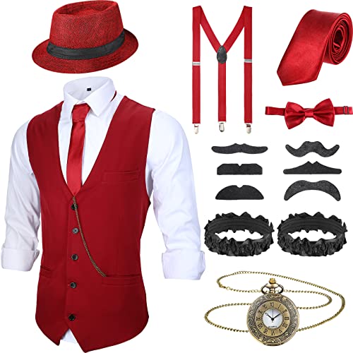 Blulu 1920er Herren Zubehör Gatsby Gangster Kleidung Kostüm Halloween Cosplay Outfit mit Weste Fedora Hut Taschenuhr Hosenträger Fliege für Mann Halloween Cosplay (L, Weinrot) von Blulu