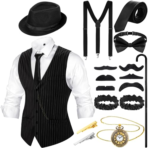 Blulu 1920er Jahre Herren Kostüm Accessoires Set Gangster Weste Fedora Hut Hosenträger Spielzeug Taschenuhr Gehstock 20er Jahre Outfit Kleidung für Männer 1920er Herren Zubehör (Schwarz Weiß, M) Blulu 1920er Jahre Herren Kostüm Accessoires Set Gangster Weste Fedora Hut Hosenträger Spielzeug Taschenuhr Gehstock 20er Jahre Outfit Kleidung für Männer 1920er Herren Zubehör (Schwarz Weiß, M) von Blulu