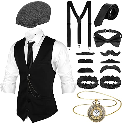 Blulu 20er Jahre Herren Kostüm Accessoires inklusive 1920er Jahre Weste Zeitungsmütze Taschenuhr Krawatte Fliege Elastischer Hosenträger Bärte 20er Jahre Männer Outfit Kleidung Set (Schwarz, XL) von Blulu