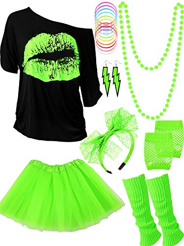 Blulu 80 Jahre Kostüm Zubehör Set, T-Shirt Tutu Stirnband Ohrring Halskette Beinlinge(M,Fluoreszierendes Grün) von Blulu