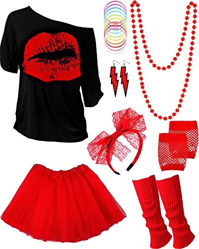 Blulu 80 Jahre Kostüm Zubehör Set, T-Shirt Tutu Stirnband Ohrring Halskette Beinlinge(M,rot) von Blulu