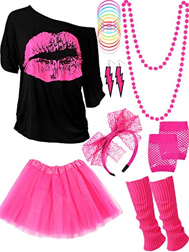 Blulu 80 Jahre Kostüm Zubehör für Damen Set, T-Shirt Lippenprint Erwachsener Tutu Rock Spitzen Stirnband Neon Ohrringe Halskette Beinlinge Netz Handschuhe Armband (Rose Red, XXL) von Blulu