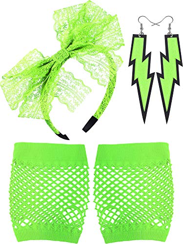 Blulu 80 Jahre Spitze Stirnband Neon Ohrringe Fingerlose Fischnetz Handschuhe für 80 Jahre Party (Fluoreszierende Grün) von Blulu
