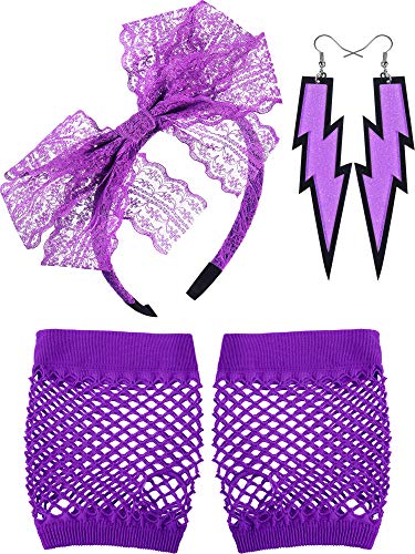 Blulu 80 Jahre Spitze Stirnband Neon Ohrringe Fingerlose Fischnetz Handschuhe für 80 Jahre Party (Lila) von Blulu