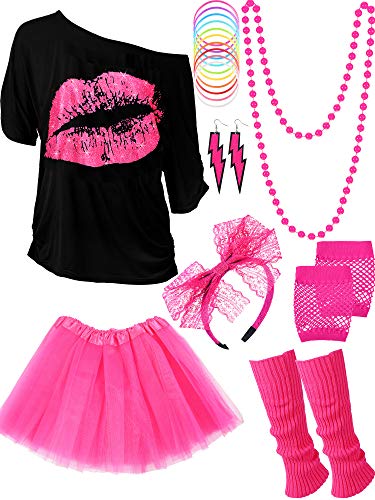 Blulu 80er Jahre Accessoires Kostüm Zubehör Set, Glänzendes T-Shirt Tutu Stirnband Ohrring Halskette Armband Beinlinge (XXL) von Blulu