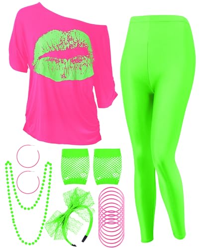 Blulu 80er-Jahre-Kostüm-Set, Lippen-Druck, schulterfrei, T-Shirt, geometrische Leggings, Hose, Ohrringe, Halskette, Handschuhe, Armband, Rosenrot, XL Blulu 80er-Jahre-Kostüm-Set, Lippen-Druck, schulterfrei, T-Shirt, geometrische Leggings, Hose, Ohrringe, Halskette, Handschuhe, Armband, Rosenrot, XL von Blulu