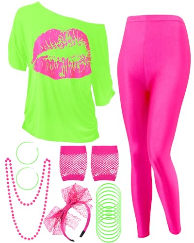 Blulu 80er-Jahre-Kostüm-Set, Lippen-Druck, schulterfrei, T-Shirt, geometrische Leggings, Hose, Ohrringe, Halskette, Handschuhe, Armband, leuchtend grün, L Blulu 80er-Jahre-Kostüm-Set, Lippen-Druck, schulterfrei, T-Shirt, geometrische Leggings, Hose, Ohrringe, Halskette, Handschuhe, Armband, leuchtend grün, L von Blulu