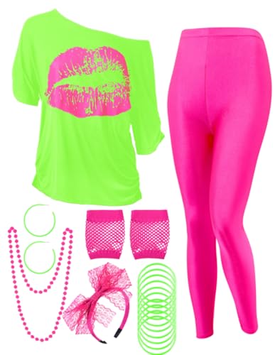 Blulu 80er-Jahre-Kostüm-Set, Lippen-Druck, schulterfrei, T-Shirt, geometrische Leggings, Hose, Ohrringe, Halskette, Handschuhe, Armband, leuchtend grün, XL Blulu 80er-Jahre-Kostüm-Set, Lippen-Druck, schulterfrei, T-Shirt, geometrische Leggings, Hose, Ohrringe, Halskette, Handschuhe, Armband, leuchtend grün, XL von Blulu