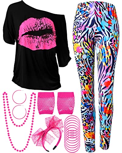 Blulu Damen 80er Jahre Kostüm-Set, T-Shirt, geometrische Leggings, Hose, Ohrringe, Halskette, Handschuhe, Armband (stilvoll, Größe XL) von Blulu