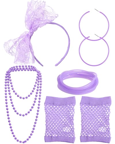 Blulu 80er-Jahre-Kostüm-Zubehör, Spitze, Stirnband, Ohrringe, Fischnetz-Handschuhe, Halskette, Armband für Damen, 80er-Jahre-Party, Hellviolett Blulu 80er-Jahre-Kostüm-Zubehör, Spitze, Stirnband, Ohrringe, Fischnetz-Handschuhe, Halskette, Armband für Damen, 80er-Jahre-Party, Hellviolett von Blulu