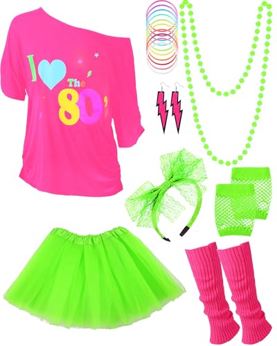 Blulu 80er-Jahre-Kostüm-Zubehör-Set für Damen, T-Shirt, Tutu, Rock, Beinstulpen, Stirnband, Ohrringe, Halskette, Fischnetz-Handschuhe, Mehrfarbig, L von Blulu