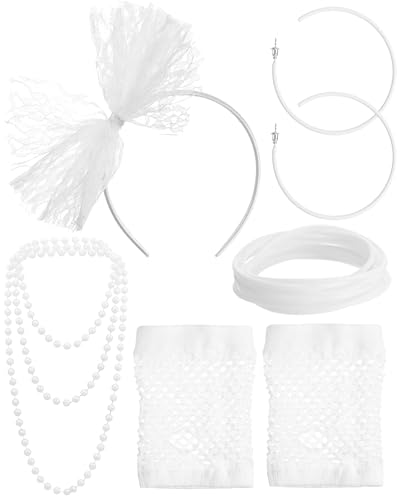 Blulu 80er Jahre Kostüm Zubehör Spitze Stirnband Ohrringe Fischnetz Handschuhe Halskette Armband für Damen 80er Jahre Party, Weiss/opulenter Garten, Einheitsgröße von Blulu