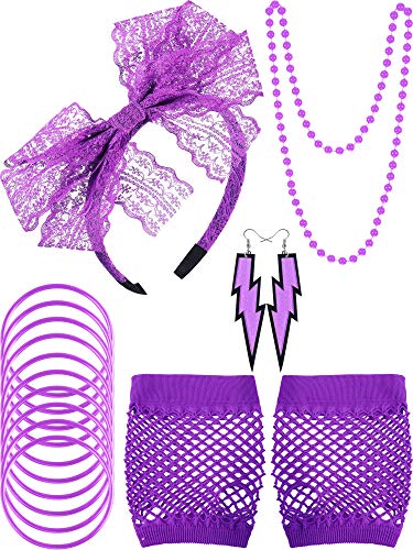 Blulu 80s Lace Stirnband Ohrringe Fischnetz Handschuhe Halskette Armband für 80s Partei (Lila) (Lila Stil A) von Blulu