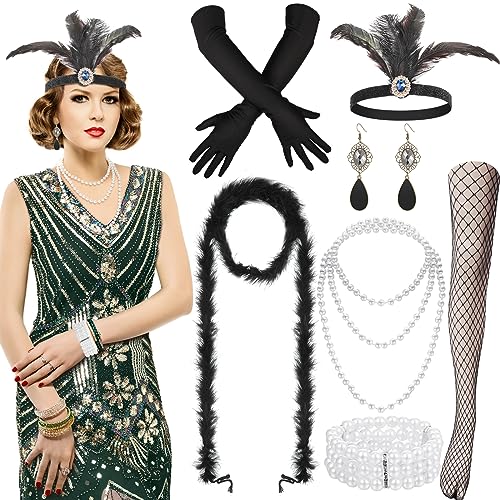 Blulu 9 Stück 1920er Jahre Damen Flapper Kleid Kostüm Set V Ausschnitt Pailletten Perlen Swing Fransen Kleid mit Roaring 1920er Jahre Accessoires (Grün, L) von Blulu