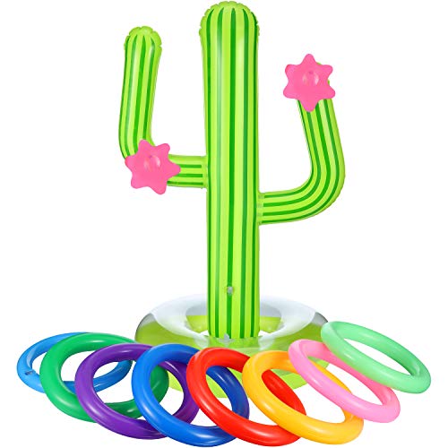 Blulu 9 Stück Aufblasbares Kaktus Ring Wurf Spiel Set Schwimmender Schwimmring Wurf Beinhaltet 1 Stück Aufblasbaren Kaktus, 8 Stücke Farbe Aufblasbare Ringe (9 Stück, Stil 1) von Blulu