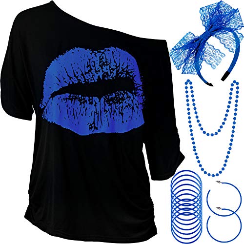 Blulu Damen 80 Jahre Kostüm Zubehör Set, Lippen Drucken T-Shirt Spitze Stirnband Ohrring Halsketten Armband für 80 Jahre Thema Party(Königsblau,L) von Blulu