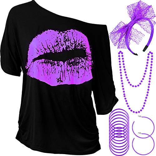 Blulu Damen 80 Jahre Kostüm Zubehör Set, Lippen Drucken T-Shirt Spitze Stirnband Ohrring Halsketten Armband für 80 Jahre Thema Party(Lila,XXL) von Blulu